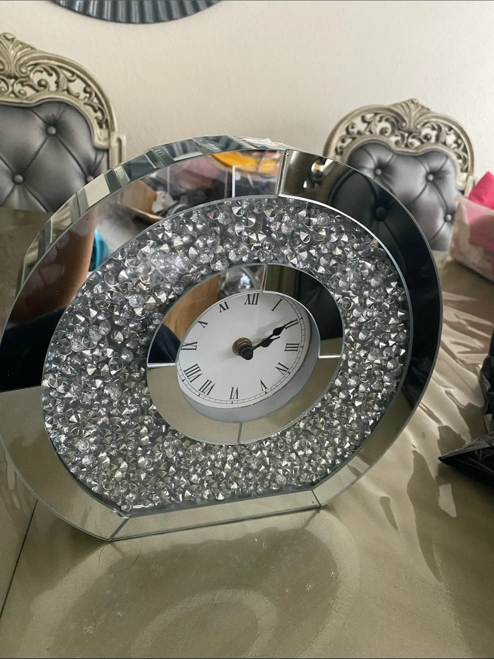 Crystal Accent Wall Clock - Silver Mirrored Home Decor